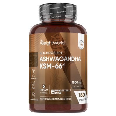 Weightworld Ashwagandha KSM-66-1500mg - 6 Monate Vorrat mit 180 vegane Tablet