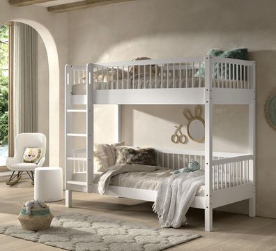 Etagenbett mit zusätzlich geteilten Bettpfosten 90x200 Buche massiv Weiß