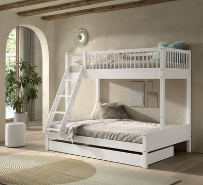 Etagenbett Familienbett 90x200 u. 140x200 Bettschublade Elternbett Buche massiv Weiß