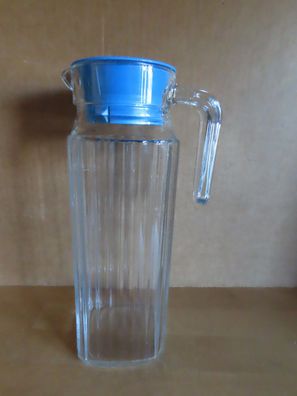 Kanne Saftkanne Milchkanne Kühlschrankkanne Glas klar viereckig blauer Deckel