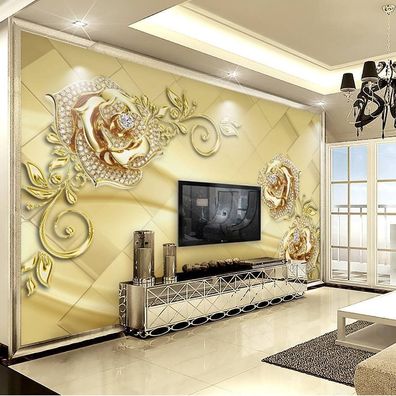 Vlies Fototapete Wandtapete Wandbilder 3D Luxus Schmuck Gold Blumen 1255