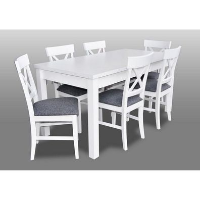 Schöner weißer Tisch und sechs Stühle mit Buchenholzrücken für das Esszimmer