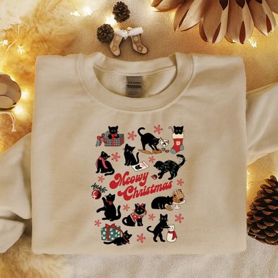 Meowy Christmas Shirt, Lustiges Katzen Weihnachts T-shirt, Schwarze Katze Sweatshirt,