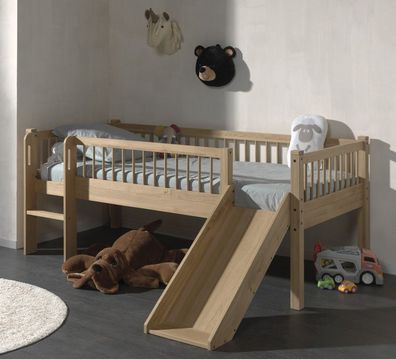 Junior-Spielbett Höhe 85 Leiter Rutsche Lattenrost 90x200 Eiche natur geölt