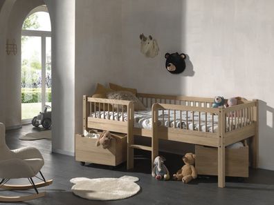 Junior-Spielbett Höhe 85 Leiter 2 Boxen Lattenrost 90x200 Eiche massiv geölt
