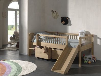 Junior-Spielbett Höhe 85 Leiter Rutsche 2 Boxen Lattenrost 90x200 Eiche natur