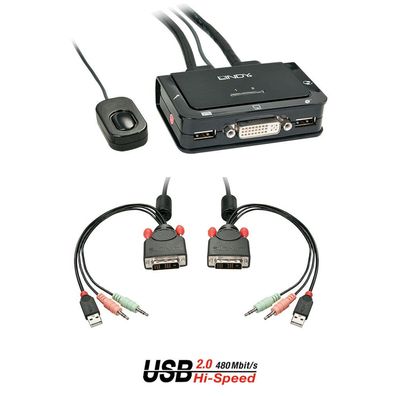 LINDY KVM Switch 2 Port DVI-D Single Link USB 2.0 Audio