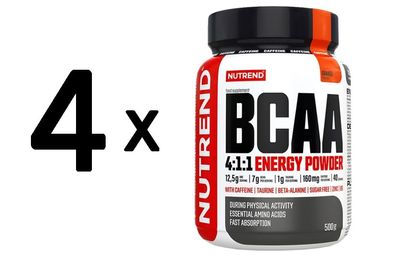 4 x Nutrend BCAA 4:1:1 Energy Powder, Orange - 500g