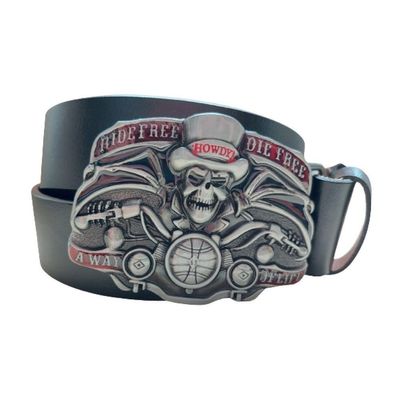Ledergürtel Wechselgürtel Gürtel in schwarz mit Biker Skull Gürtelschnalle Buckle
