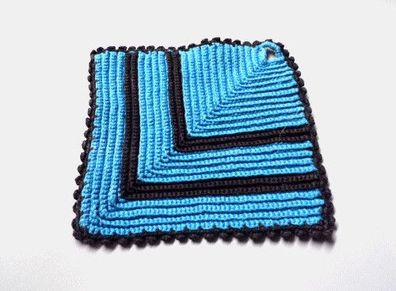 Topflappen gehäkelt Echte Oma Handarbeit Baumwolle Reliefmuster Blau Schwarz