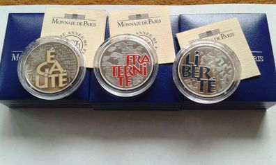 3 x 6,55957 Francs 2001 PP Frankreich Egalite Liberte Fraternite je 22,2g Silber 900