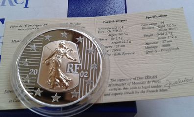 Original 5 euro 2002 Frankreich Semuese Säerin 2,7g Gold 22,2g Silber