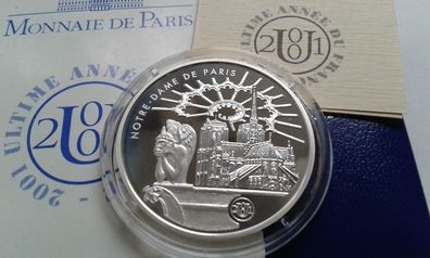 Original 10 Francs 2001 Frankreich Notre Dame de Paris Monuments de france Silber PP