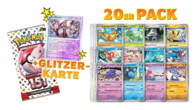 Pokemon Karten 20 Stück + Glitzer Karte deutsch, boosterfrisch aus dem Set 151