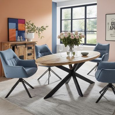 Möbelset Massivholztisch Avola, 4er Set Diningsessel Ginosa blau