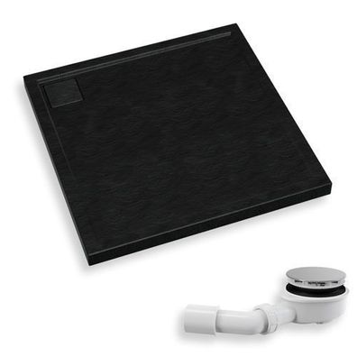 Duschwanne Quadratisch Acryl OMEGA 90x90x5 Schwarz Steinoptik | Ablaufgarnitur im SET
