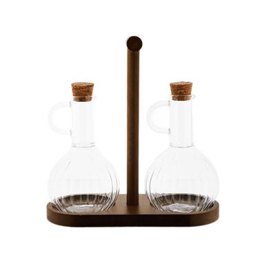 Elegantes Öl- & Essigspender Set mit Holzständer - 320 ml in Relief-Design
