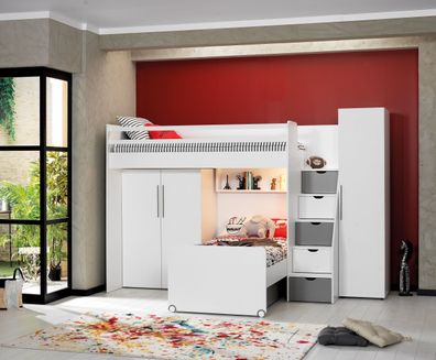 Almila Hochbett Set Neo 4-teilig mit Schrank-Kombi Grau