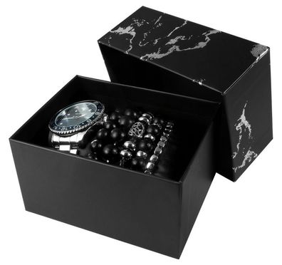 Herrenarmbanduhr 5 Armbänder Geschenkset silberfarben/schwarz Excellanc 2800091-001