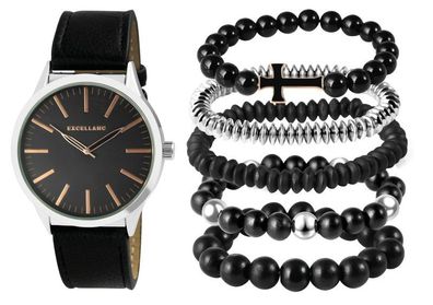 Herrenarmbanduhr fünf Armbändern Geschenkset schwarz/silberfarben Excellanc