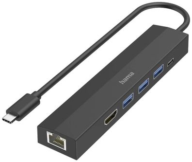 USB-C Hub Hama mit HDMI, RJ-45, 6 Ports, 5 Gbit/s, Schwarz