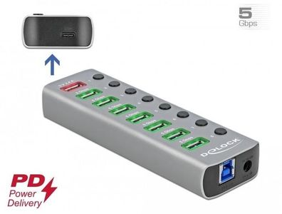 USB-Hub Delock mit 7 USB-A Ports und USB-C, Grau