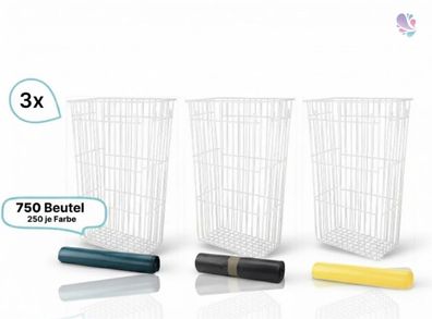 SET Mülltrennsystem 3 x Gitterkorb 60 Liter + ins. 750 Müllsäcke (gelb, rau, lau)