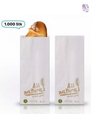 Bäckerfaltenbeutel, Papierbeutel, weiß, Aufdruck "All natural" 20x 7x 42cm, 1000 Stüc