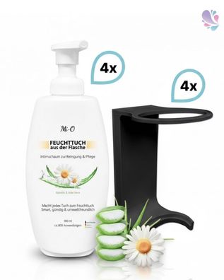 SET: Feuchttuch aus der Flasche 4x300 ml + 4x Wandhalterung schwarz, Intim Reinigungs