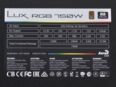 Netzteil Aerocool Lux RGB 750 W mit RGB-Beleuchtung