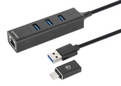 USB-Hub Manhattan Aluminium mit 3 USB-A und Ethernet
