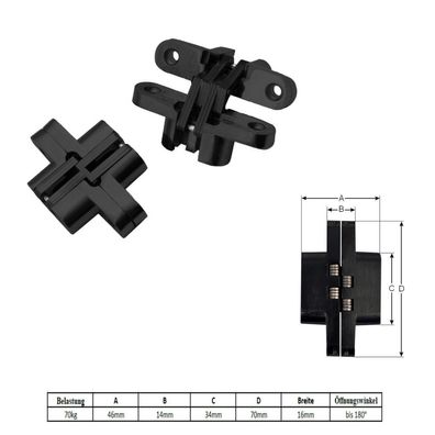 2x Edelstahl 180° Kreuz Schwerlastscharnier verdeckte Montage Scharnier Schwarz
