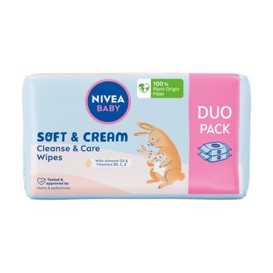 Nivea Baby Sanfte & Cremige Biologisch Abbaubare Feuchttücher, 2 x 57 Stück