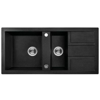 Granitspüle Doppelbecken Barbados 48x100 Schwarz mit Abtropffläche | Siphon im SET!