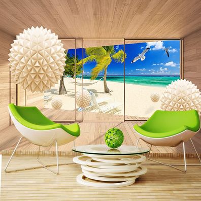 Vlies Fototapete Wandtapete Wandbilder 3D Effekt Raum Kugel Fenster Meer 1249