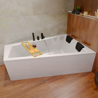 Badewanne Rechteck 150x85 INTIMA Rechts+ AcrylSchürze+Bambus Ablage+Kopfstütze+Ablauf