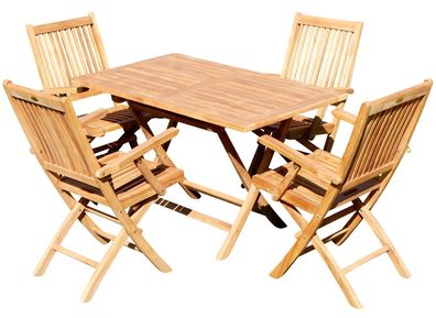 TEAK Gartengarnitur Klapptisch 120x70 + 4 Klappsessel mit Armlehne AVES Holz