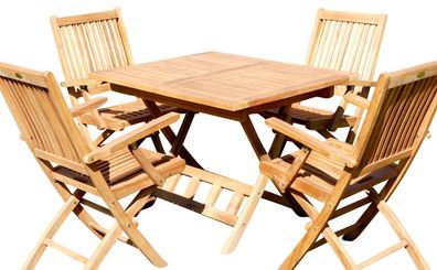 TEAK Gartengarnitur Klapptisch 80x80 + 4 Klappsessel mit Armlehne AVES80 + 4S Holz