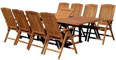 TEAK SET: Gartengarnitur Gartenset Ausziehtisch 240cm + 8 Hochlehner TOBAGO Holz