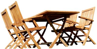TEAK SET: Gartengarnitur Klapptisch 140x80 + 4 Klappsessel + Armlehne Holz