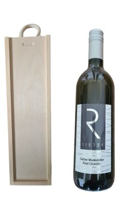 Geschenk Holzbox mit Tragekordel mit einer Flasche Wein gelber Muskateller
