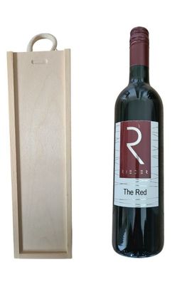 Geschenk Holzbox mit Tragekordel und einer Flasche The Red Merlot 2022