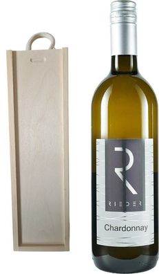 Geschenk Holzbox mit Tragekordel dazu eine Flasche Wein Chardonnay