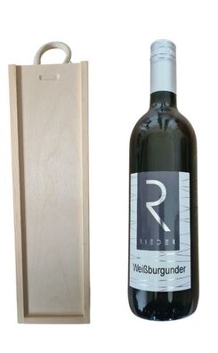 Geschenk Holzbox mit Tragekordel mit einer Flasche Wein Weißburgunder