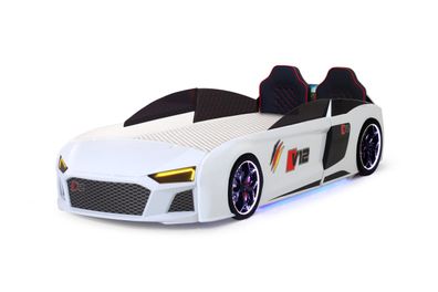 Kinder Autobett V12 Full mit Sound &amp; LED Scheinwerfer in Weiß