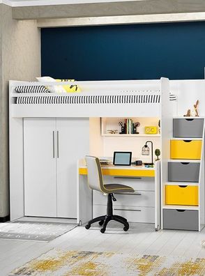 Almila Hochbett Set Neo mit Kleiderschrank Weiß Gelb