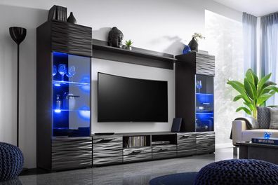 Design Wohnwand Modica mit RGB-Beleuchtung in Schwarz Hochglanz