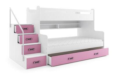 BMS Etagenbett für Kinder MAX 3 Weiß Rosa mit 2 Matratzen