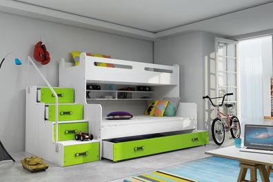 BMS Etagenbett für Kinder MAX 3 Weiß Grün mit 2 Matratzen