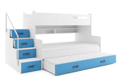 BMS Etagenbett für Kinder MAX 3 Weiß Blau mit 3 Matratzen